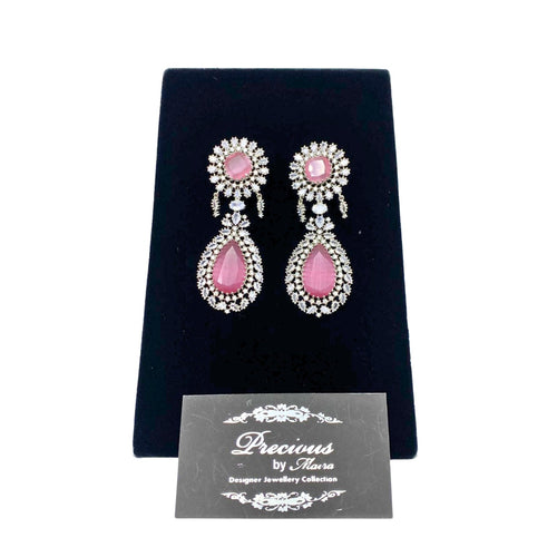 American Diamond Earrings with Pink Center Stones