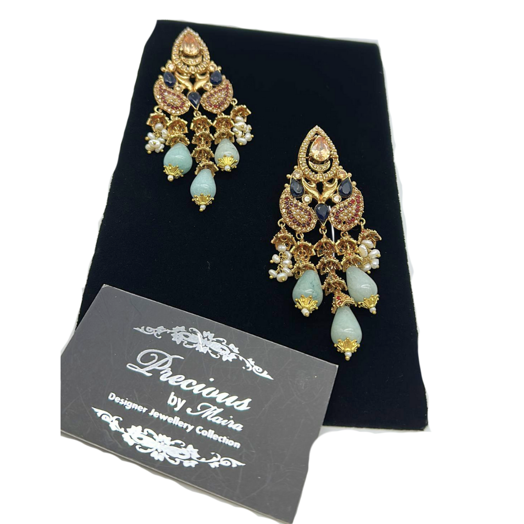 Hanging Style Zirconia Earrings with Ruby Stones and Emeralds Droplets