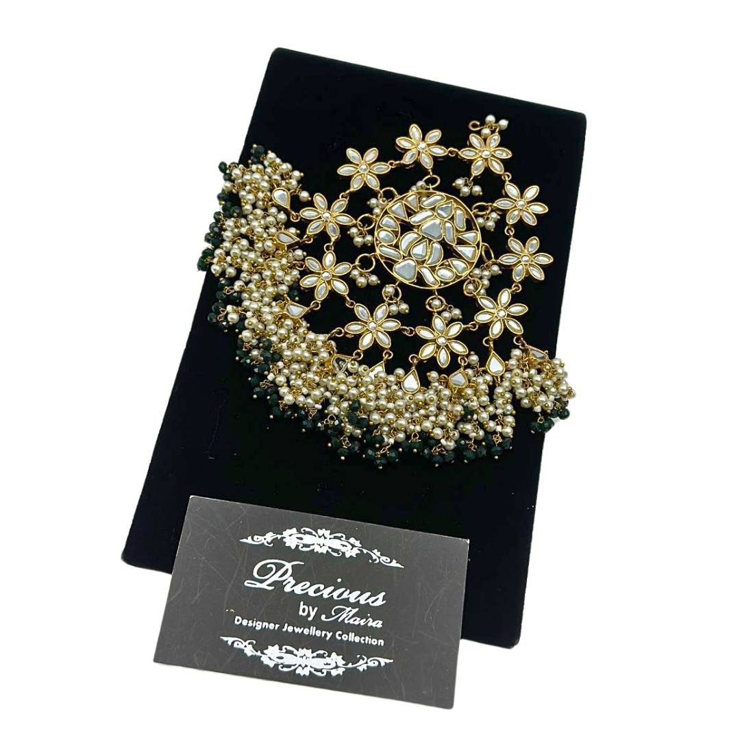 Kundan jhoomer with pearls and champagne hanging