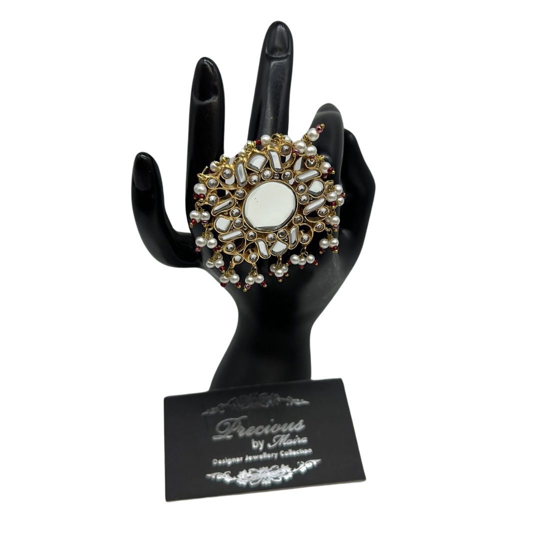Top seller kundan oversized adjustable ring with pearls hanging