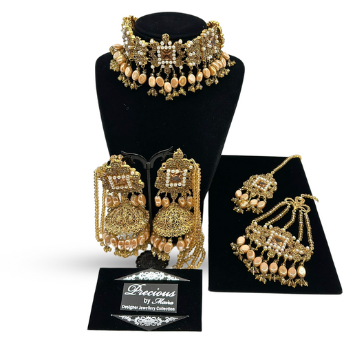Traditional choker with jhumkey with square main stones in champagne and pearls finish