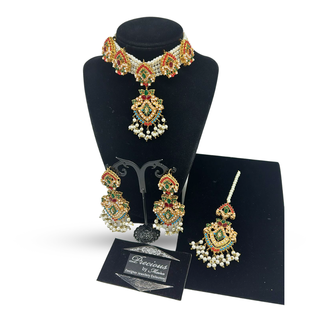 Traditional multi choker with matching earrings and tikka