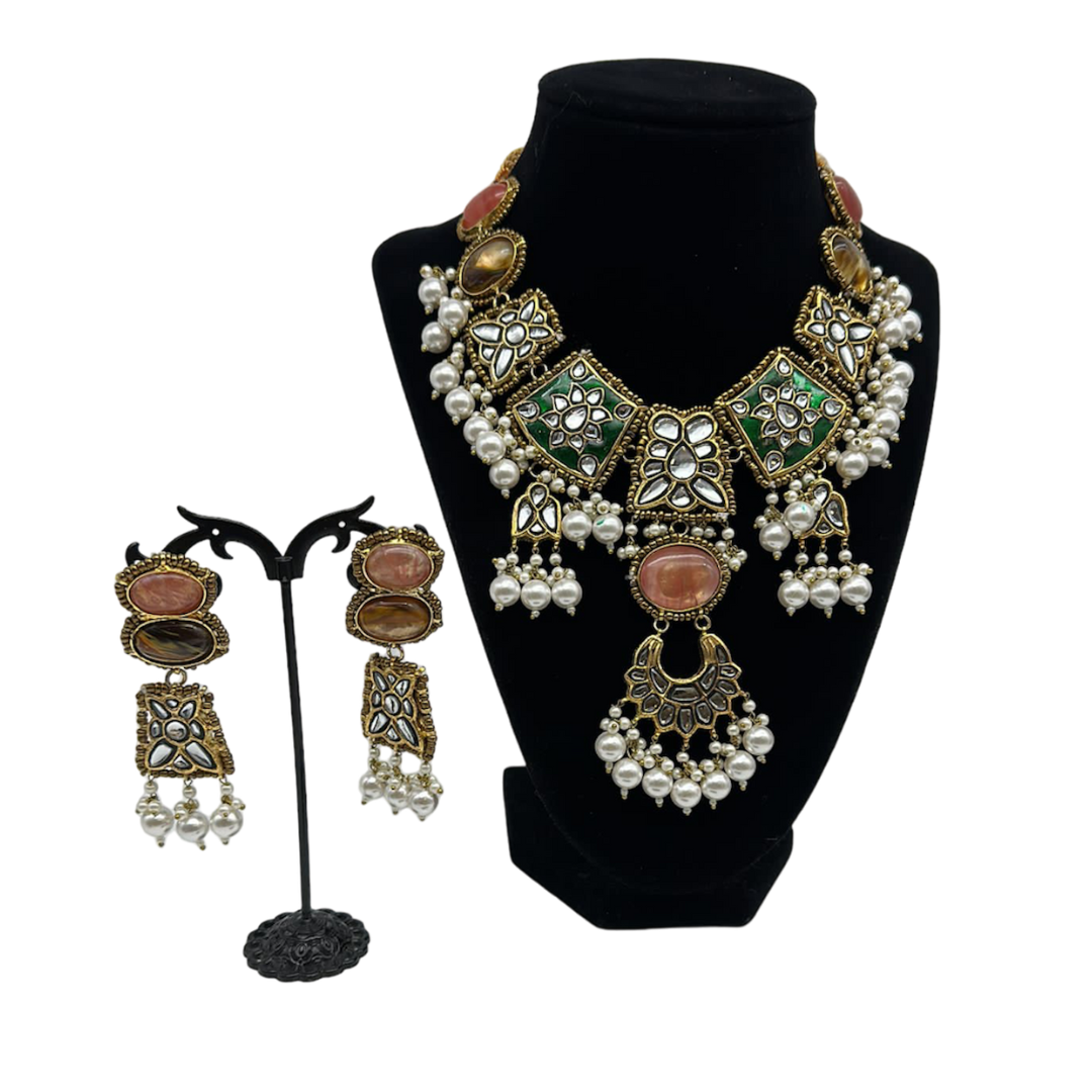 Kundan minakari necklace set in emerald green and peach with pearl hanging