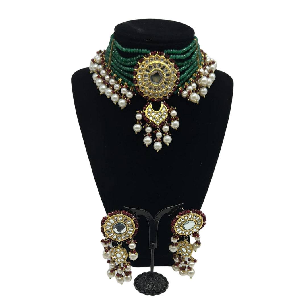 Kundan Choker Set with Semi Precious Emeralds Strands