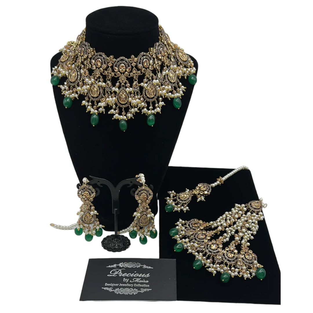 Polki Set with Pearl & Semi Precious Emeralds