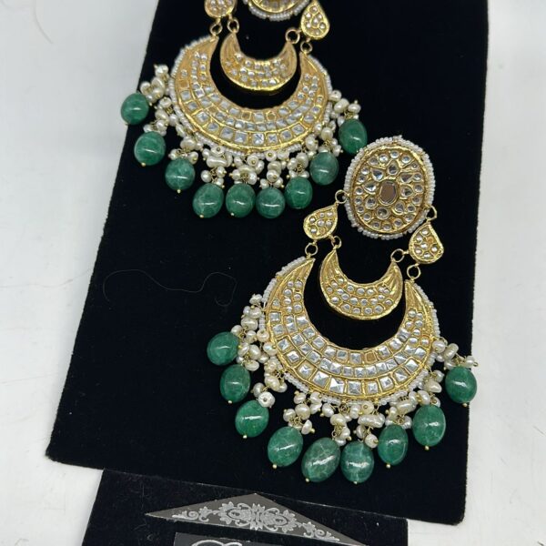 Chand Bali style statement earrings with real pearl and semi precious emeralds hanging