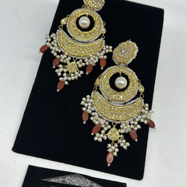 Chand Bali style statement earrings with pearls and moonlight brown stone finish