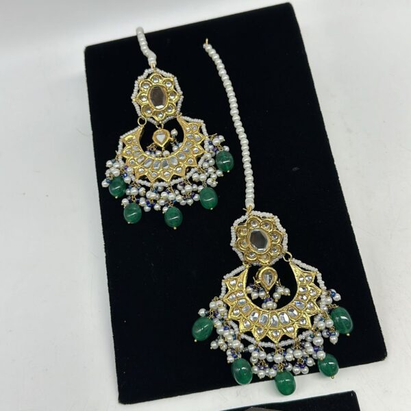 Chand Bali style kundan earrings with pearl and semi precious emeralds droplets