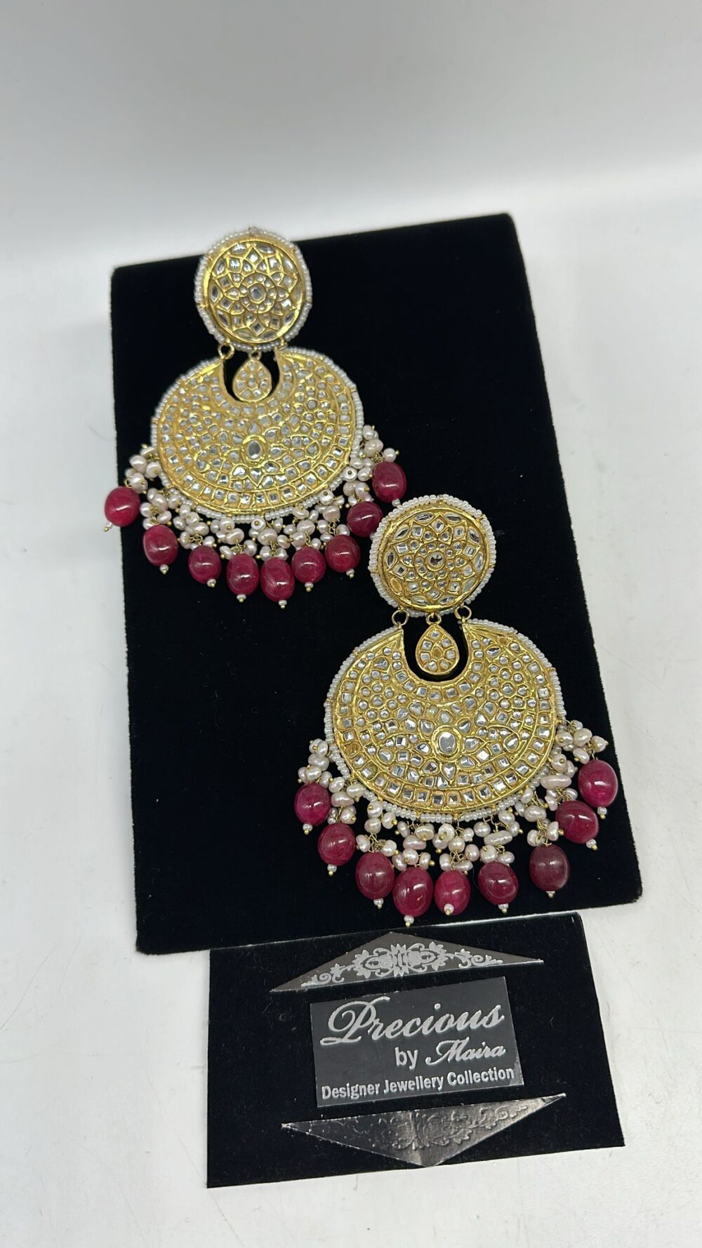 Oversized kudnan Chand Bali style earrings with real pearl and ruby droplets